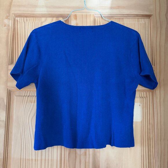 R&K Sweater 12P Button-up Cropped Short Sleeve Floral Embroidered Blue - Picture 5 of 7